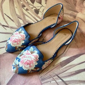 BOGO Restricted Blue Floral D'Orsay Flats with Pink White Blooms